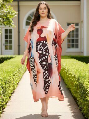Caftan Dresses for Women Plus Size Polyester Moo Moos Beach Cover Up Maxi Dress